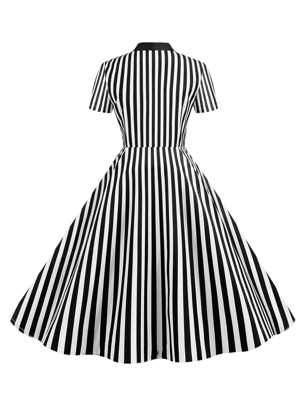 1950s Bow Collar Striped Dots Swing Dress