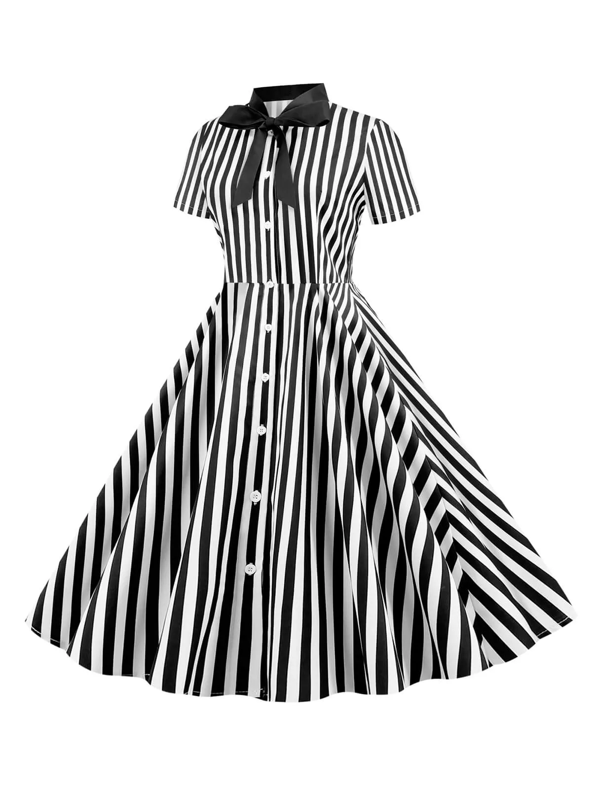 1950s Bow Collar Striped Dots Swing Dress