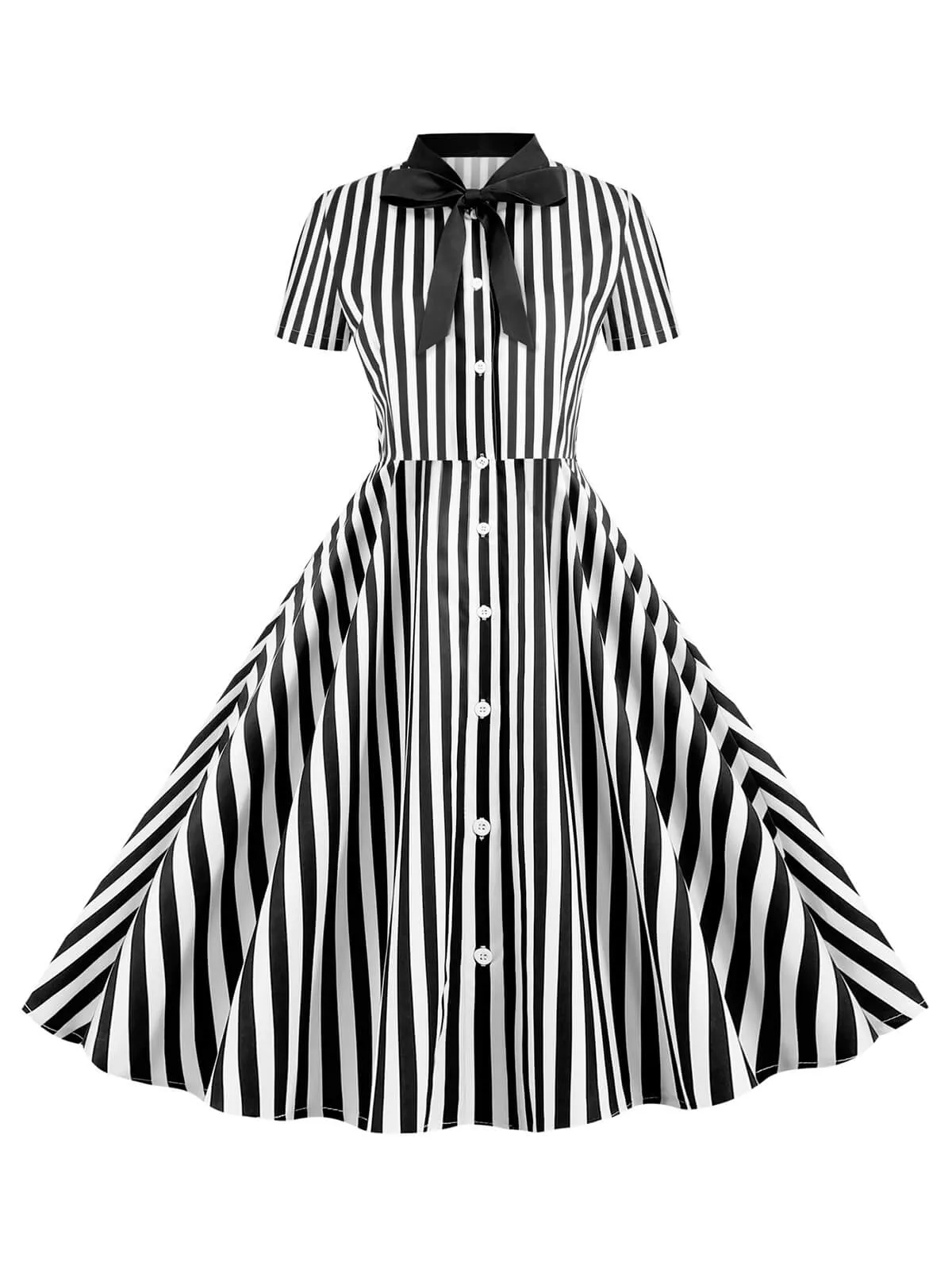 1950s Bow Collar Striped Dots Swing Dress