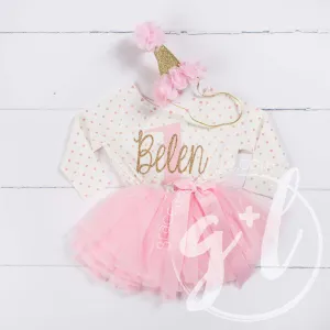 1st Birthday Outfit "Her Name" & "1" Pink Polka Dot Long Sleeve Tutu Dress & Pink Party Hat