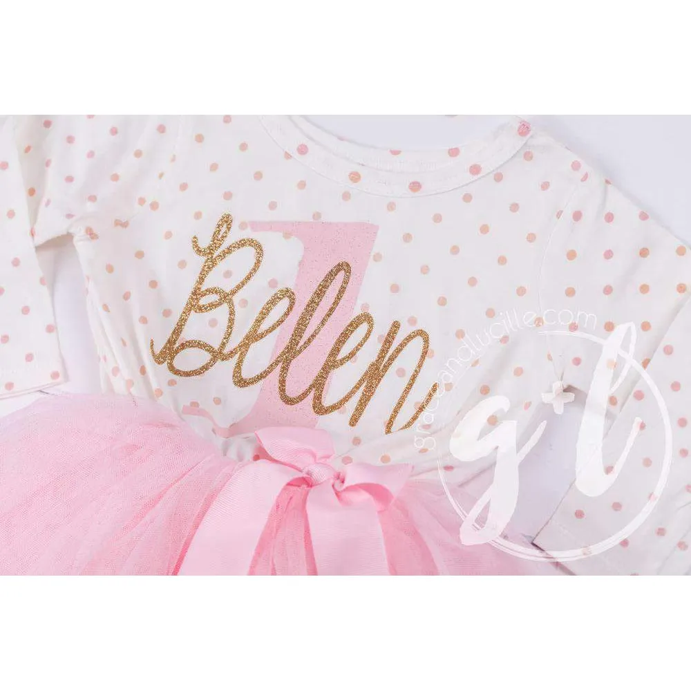 1st Birthday Outfit "Her Name" & "1" Pink Polka Dot Long Sleeve Tutu Dress & Pink Party Hat