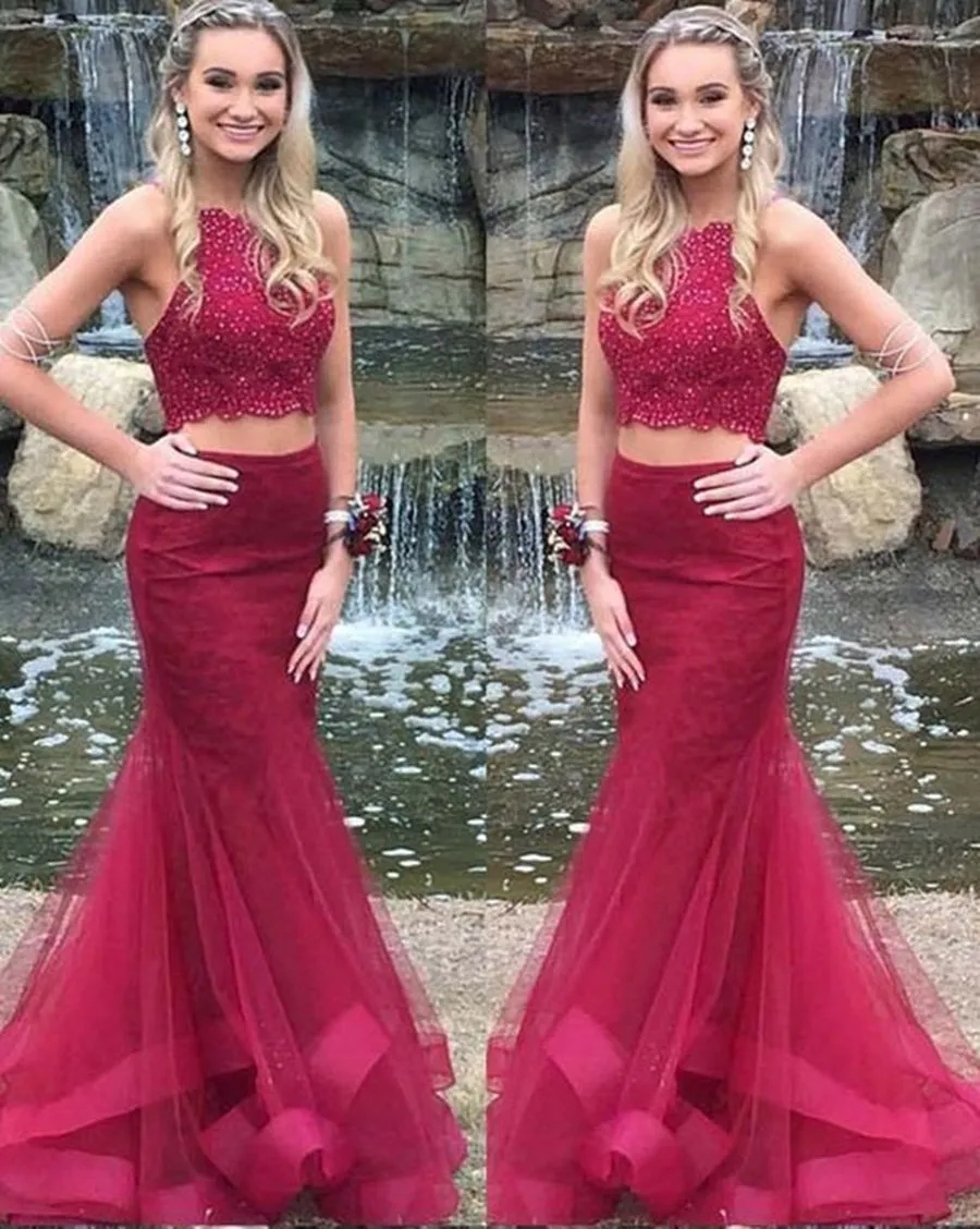 2 Pieces Mermaid Lace Burgundy Long Prom, Burgundy 2 Pieces Lace Formal Evening, Mermaid Burgundy Graduation