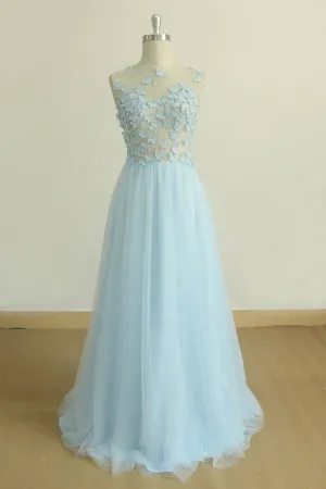 A Line Round Neck Baby Blue Lace Long Prom Dress with Butterfly, Baby Blue Lace Formal Graduation Evening Dress