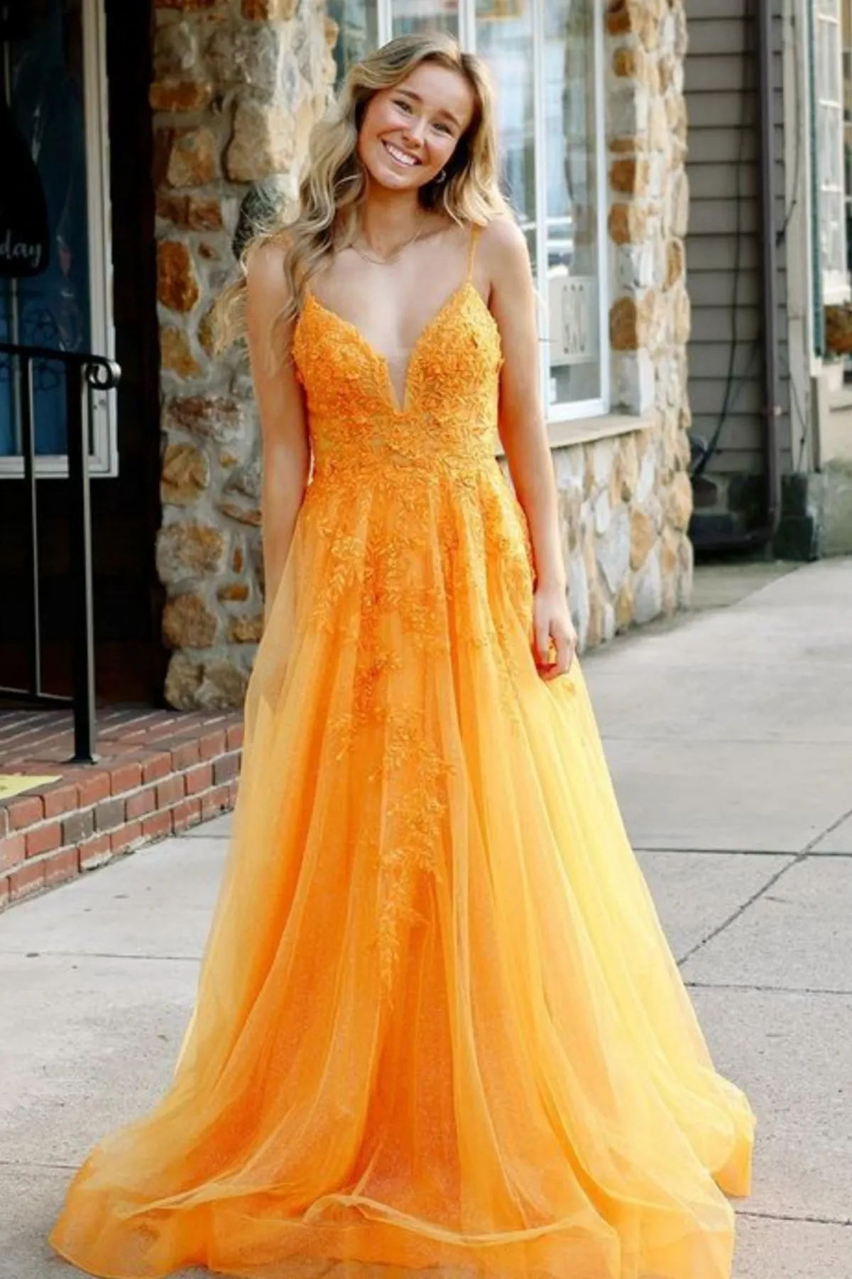 A Line V Neck Backless Orange Lace Long Prom Dress, Orange Lace Formal Dress, Orange Evening Dress A2127