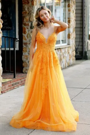 A Line V Neck Backless Orange Lace Long Prom Dress, Orange Lace Formal Dress, Orange Evening Dress A2127