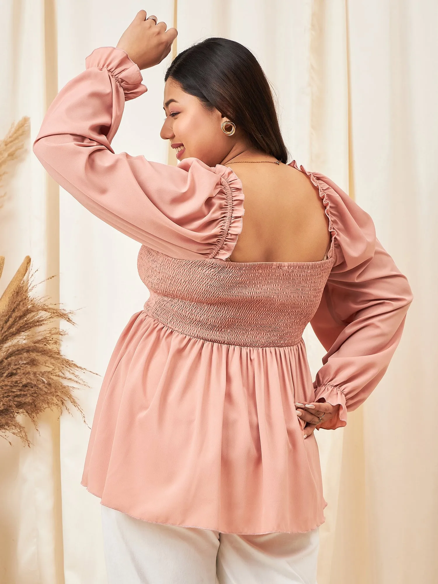 Berrylush Curve Women Solid Peach Square Neck Flutter Sleeves Ruffled Peplum Top