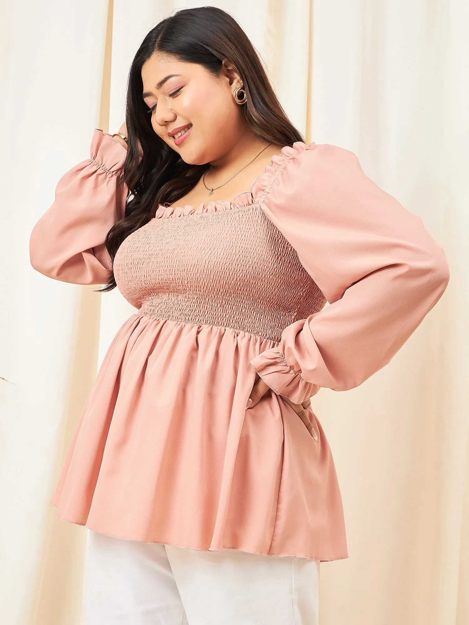 Berrylush Curve Women Solid Peach Square Neck Flutter Sleeves Ruffled Peplum Top