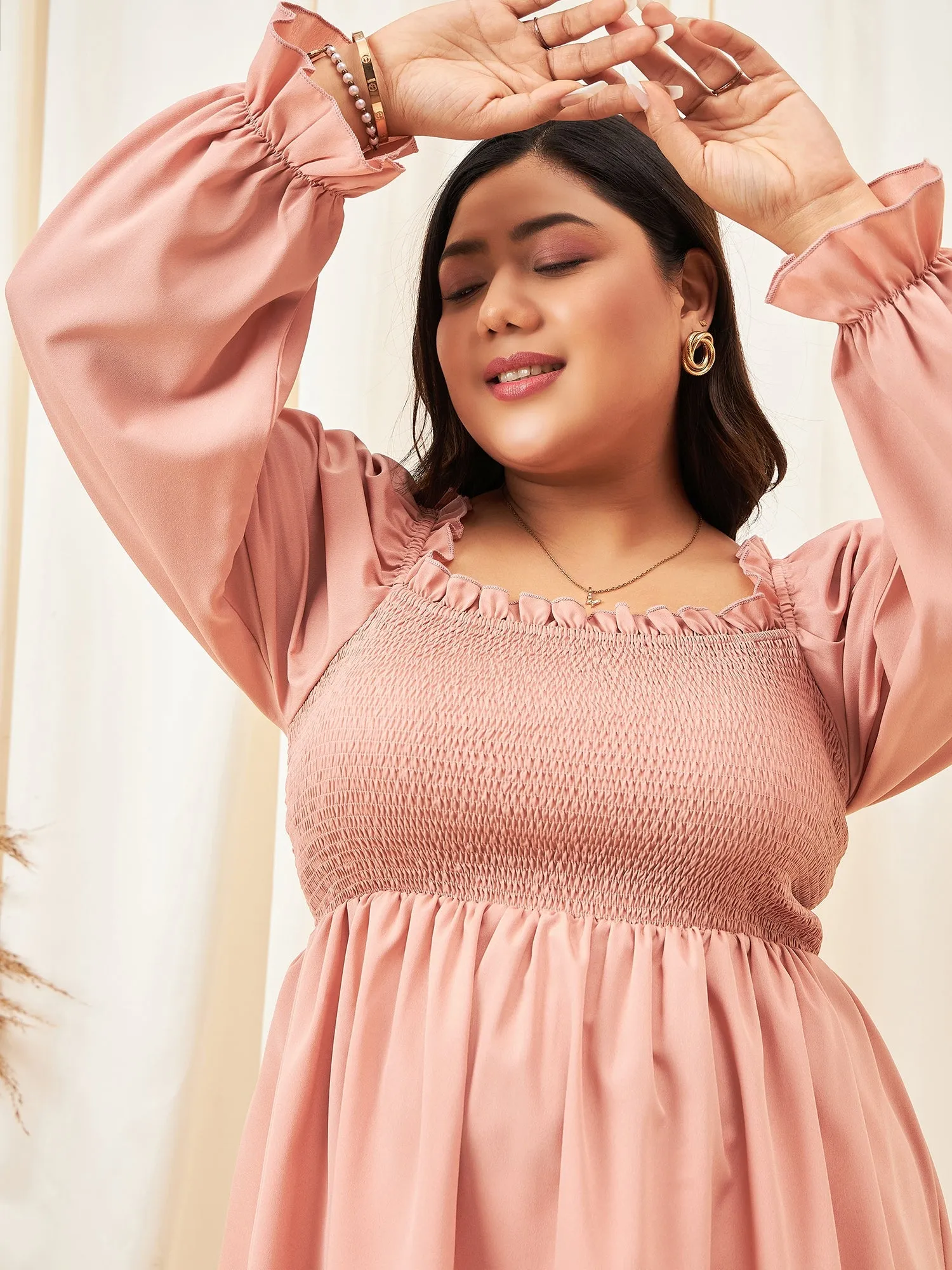 Berrylush Curve Women Solid Peach Square Neck Flutter Sleeves Ruffled Peplum Top