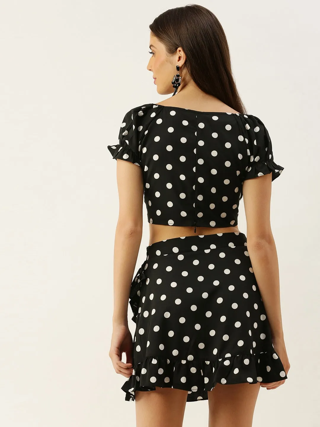 Berrylush Women Black Polka Dot Printed V-Neck Fit & Flare Co-Ordinate Mini Dress