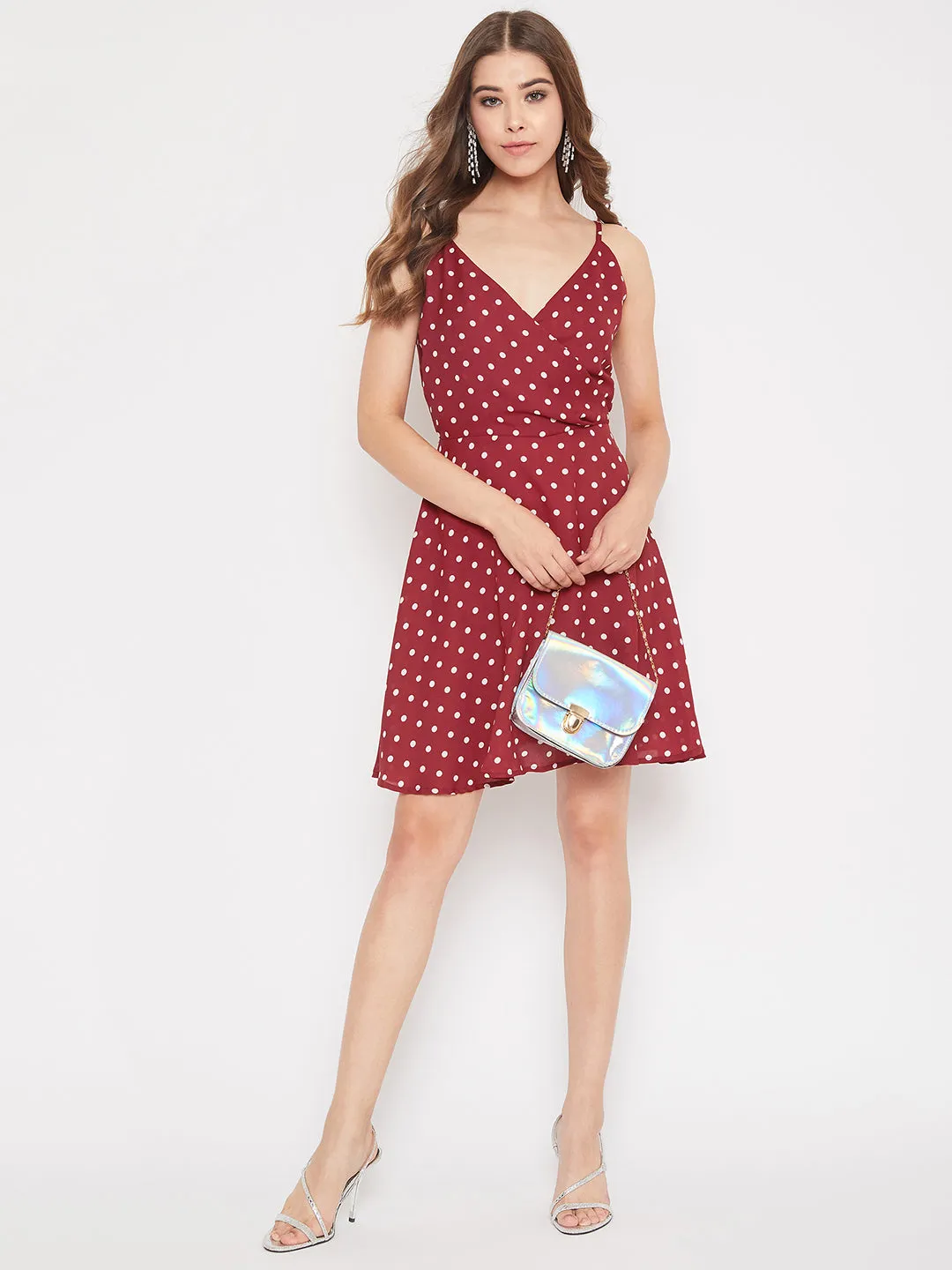 Berrylush Women Red & White Polka Dot Printed V-Neck Fit & Flare Mini Dress