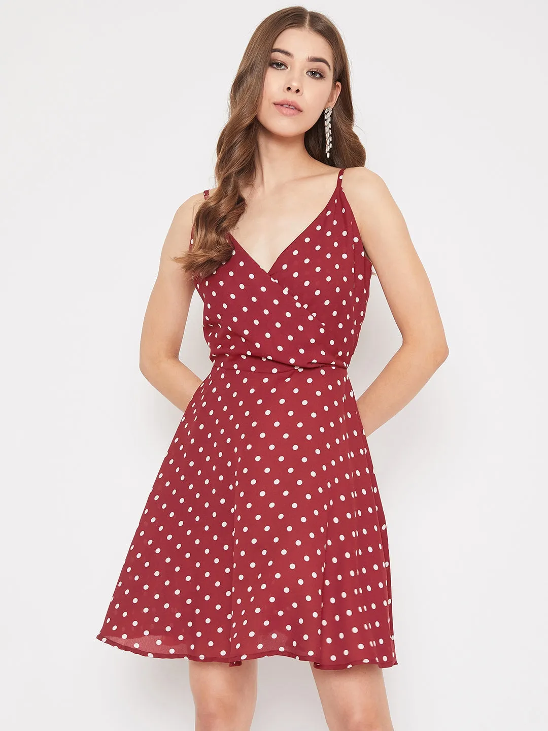 Berrylush Women Red & White Polka Dot Printed V-Neck Fit & Flare Mini Dress