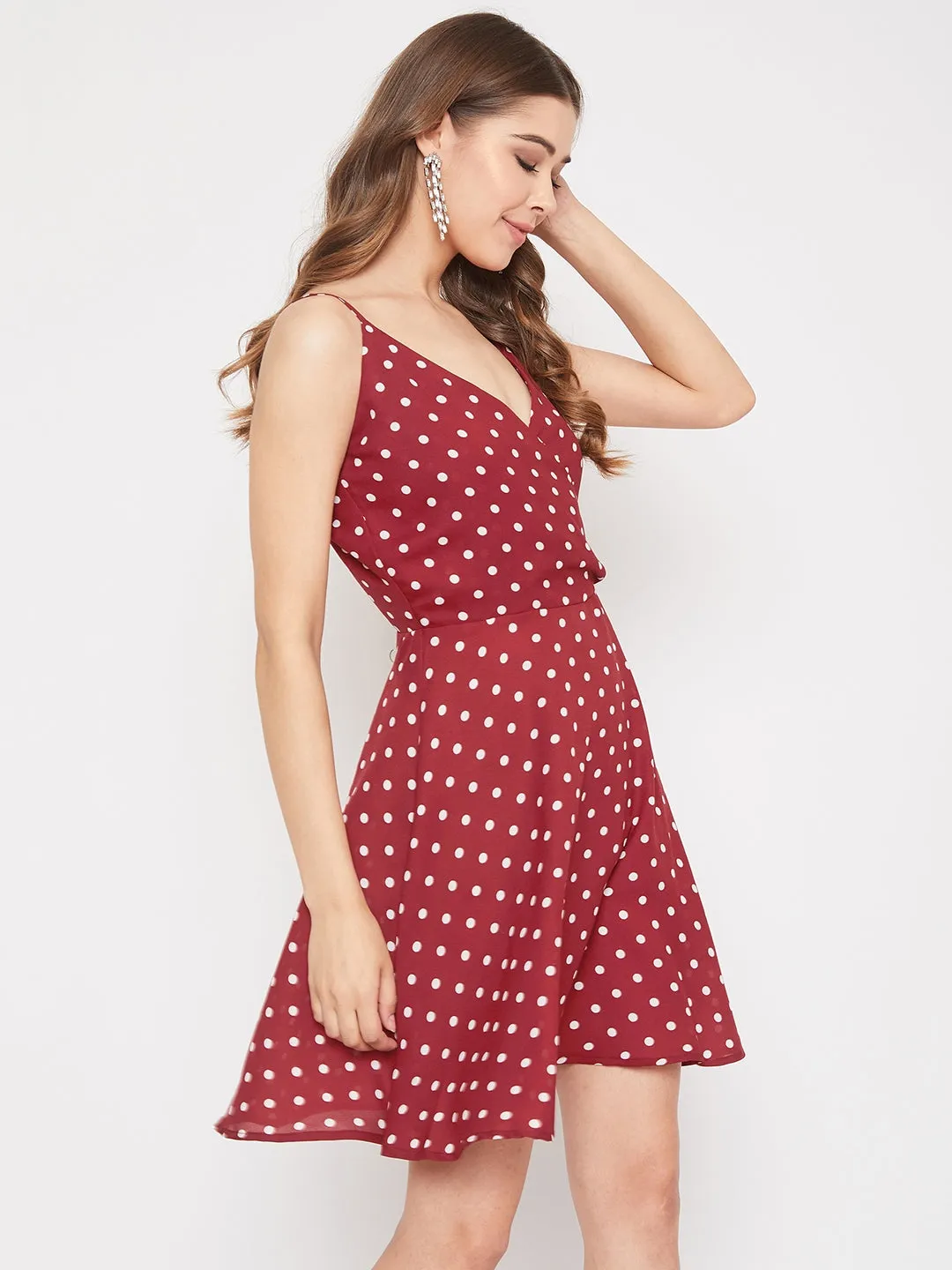 Berrylush Women Red & White Polka Dot Printed V-Neck Fit & Flare Mini Dress