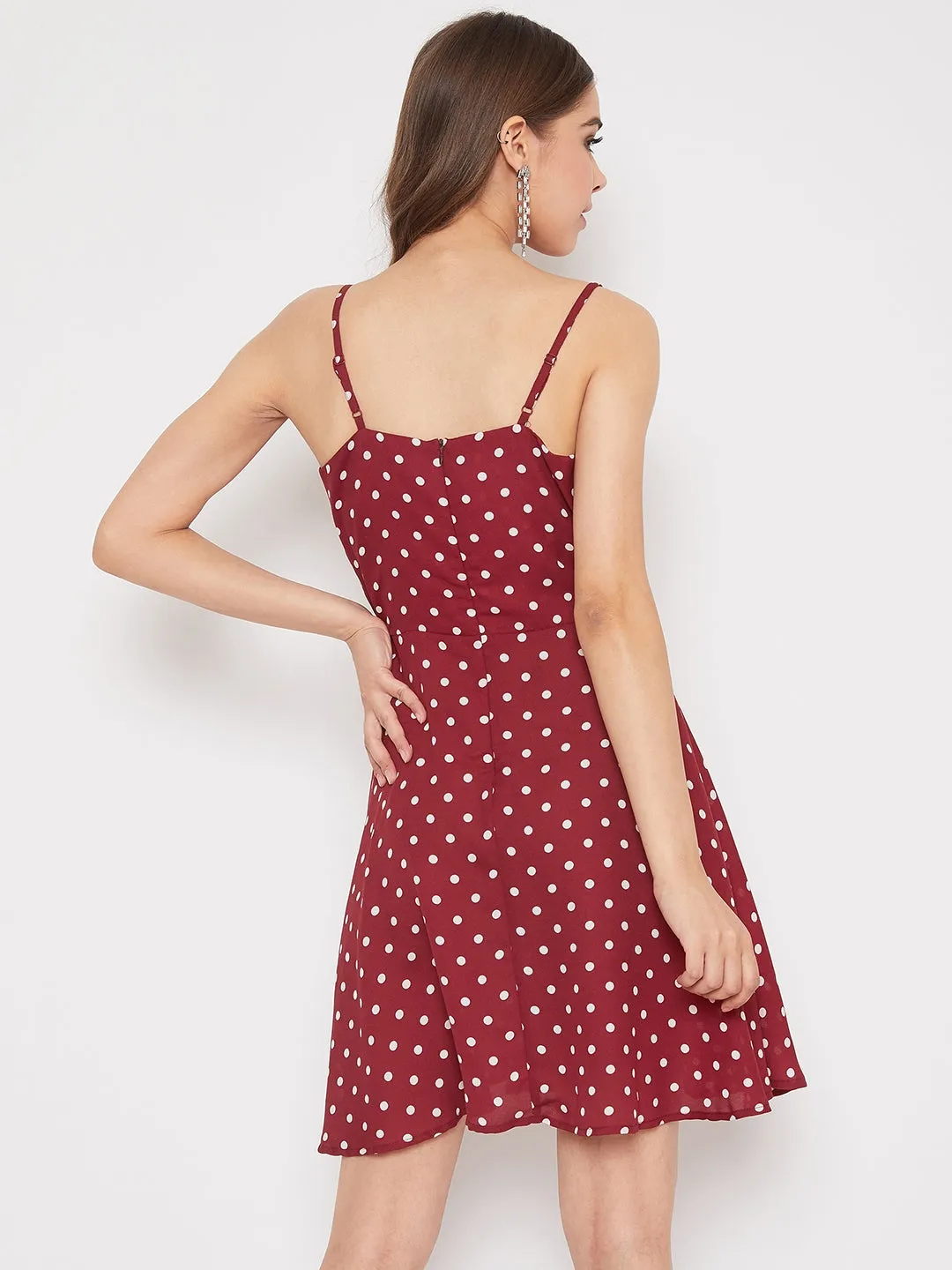 Berrylush Women Red & White Polka Dot Printed V-Neck Fit & Flare Mini Dress