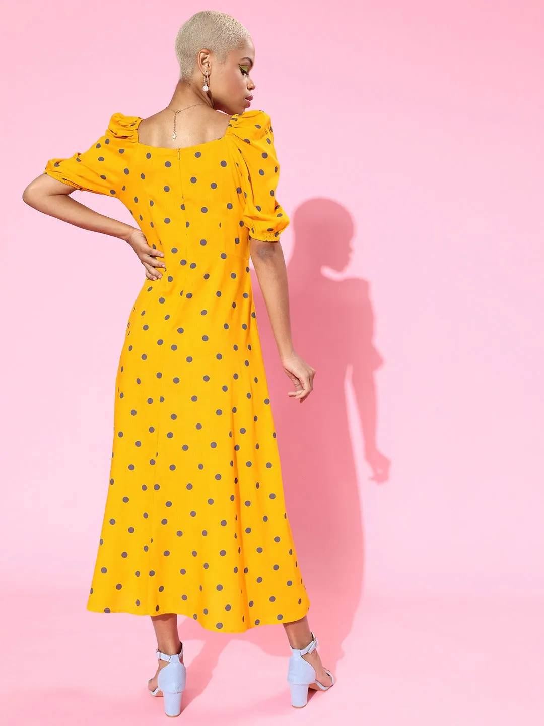 Berrylush Women Yellow & Black Polka Dot Printed Sweetheart Neck Flared A-Line Maxi Dress