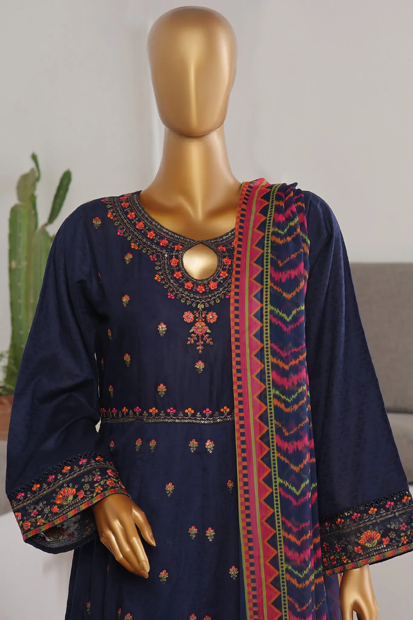 Bin Saeed Stitched 3 Piece Festive Emb Jacquard Frocks Collection'2024-BNS-1038-Navy Blue