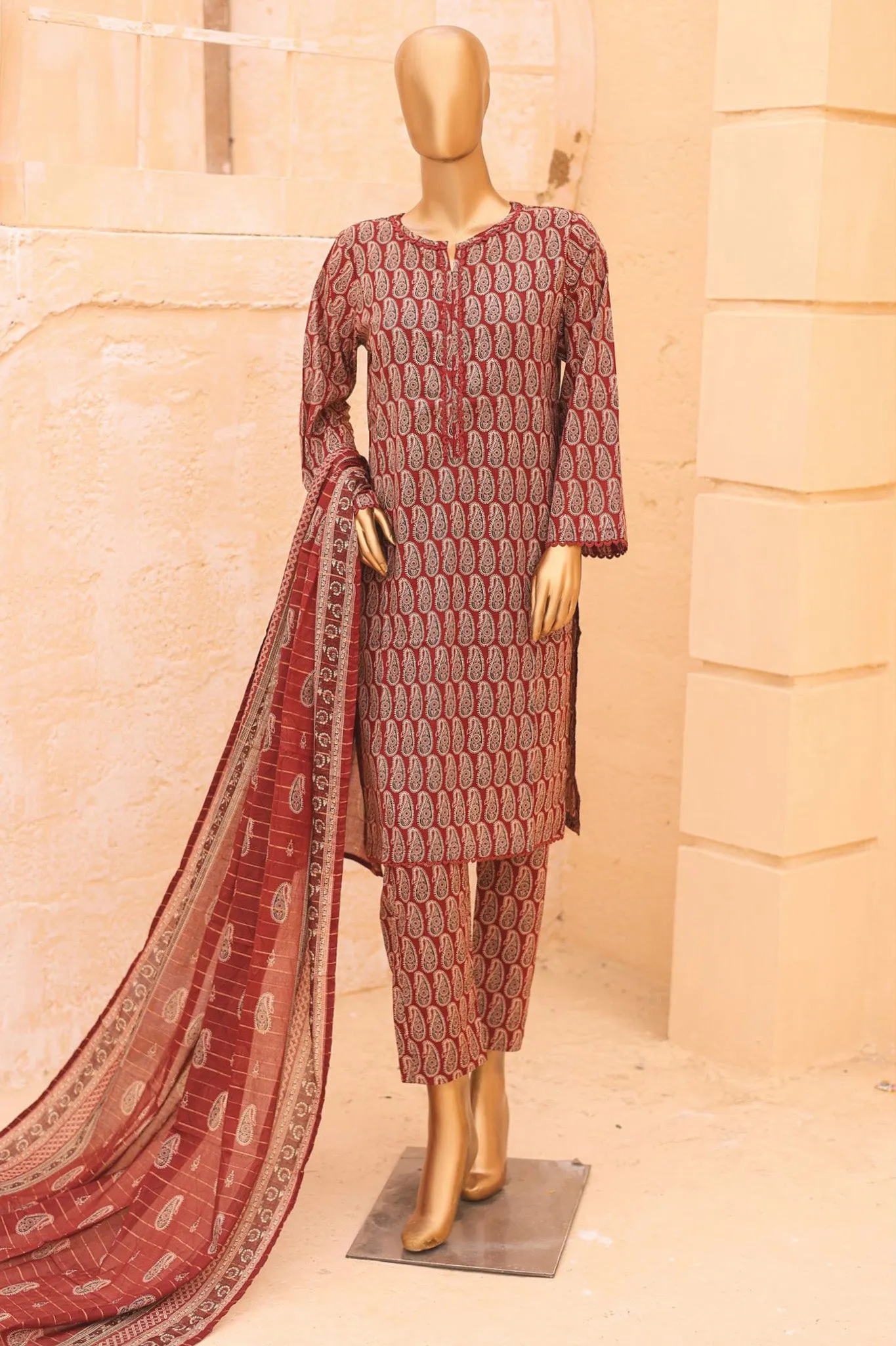 Bin Saeed Stitched 3 Piece Printed Lawn Vol-12 Collection'2024-SM-842-Maroon