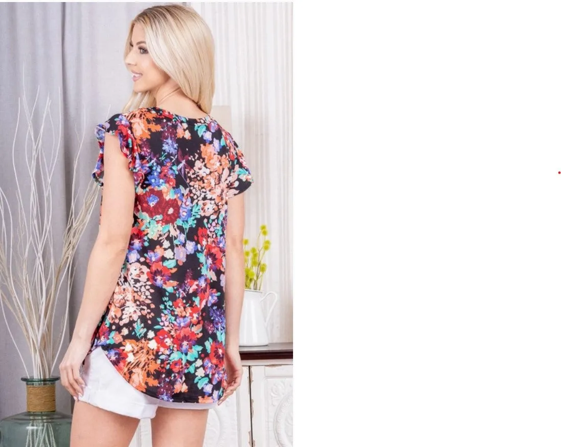 Black Floral Top w/Ruffle Sleeves - #6895-6900