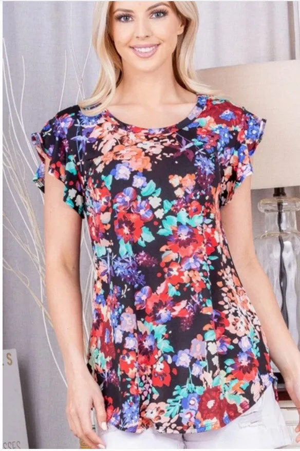 Black Floral Top w/Ruffle Sleeves - #6895-6900