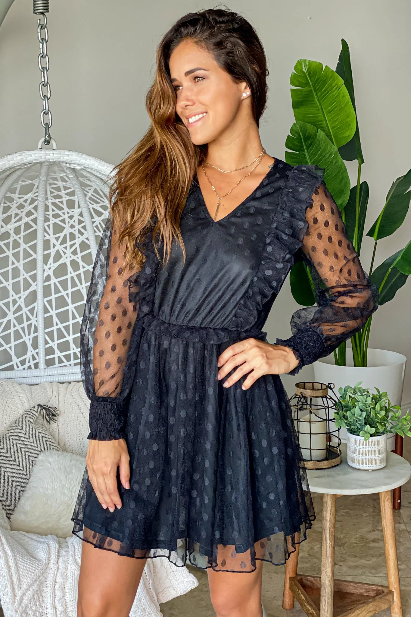 Black Mesh Polka Dot Short Dress