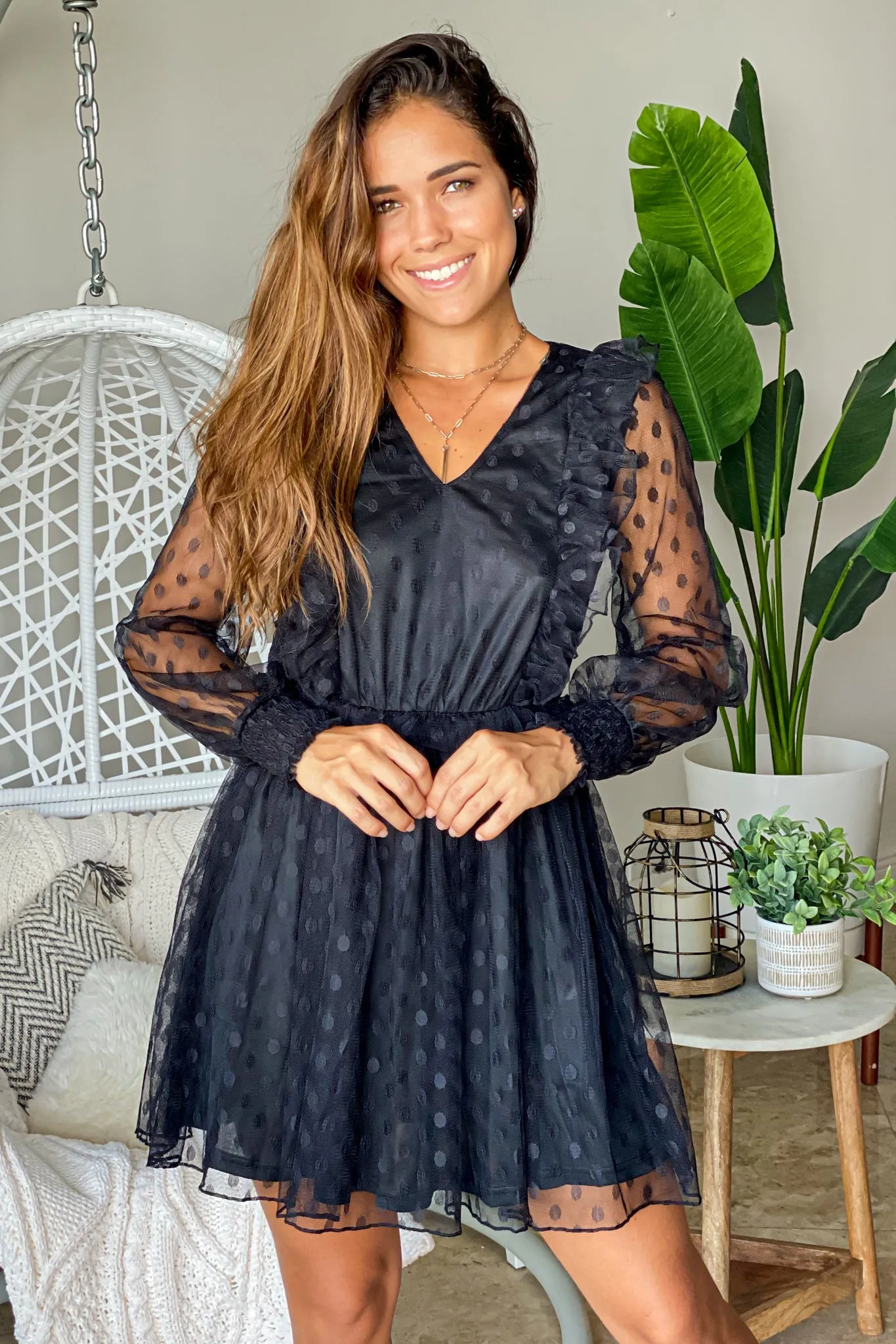 Black Mesh Polka Dot Short Dress