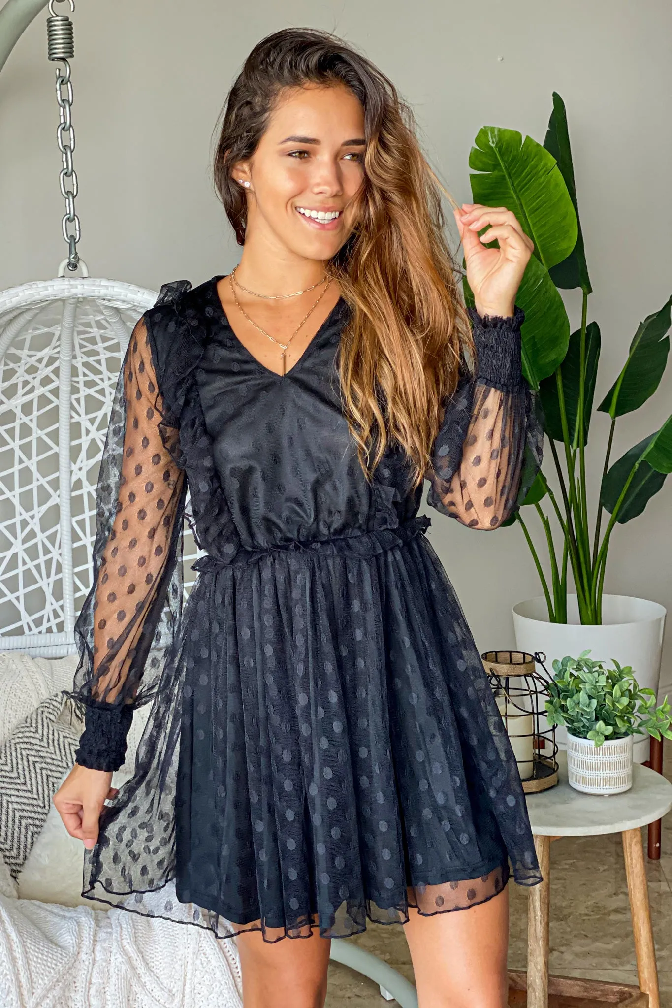 Black Mesh Polka Dot Short Dress