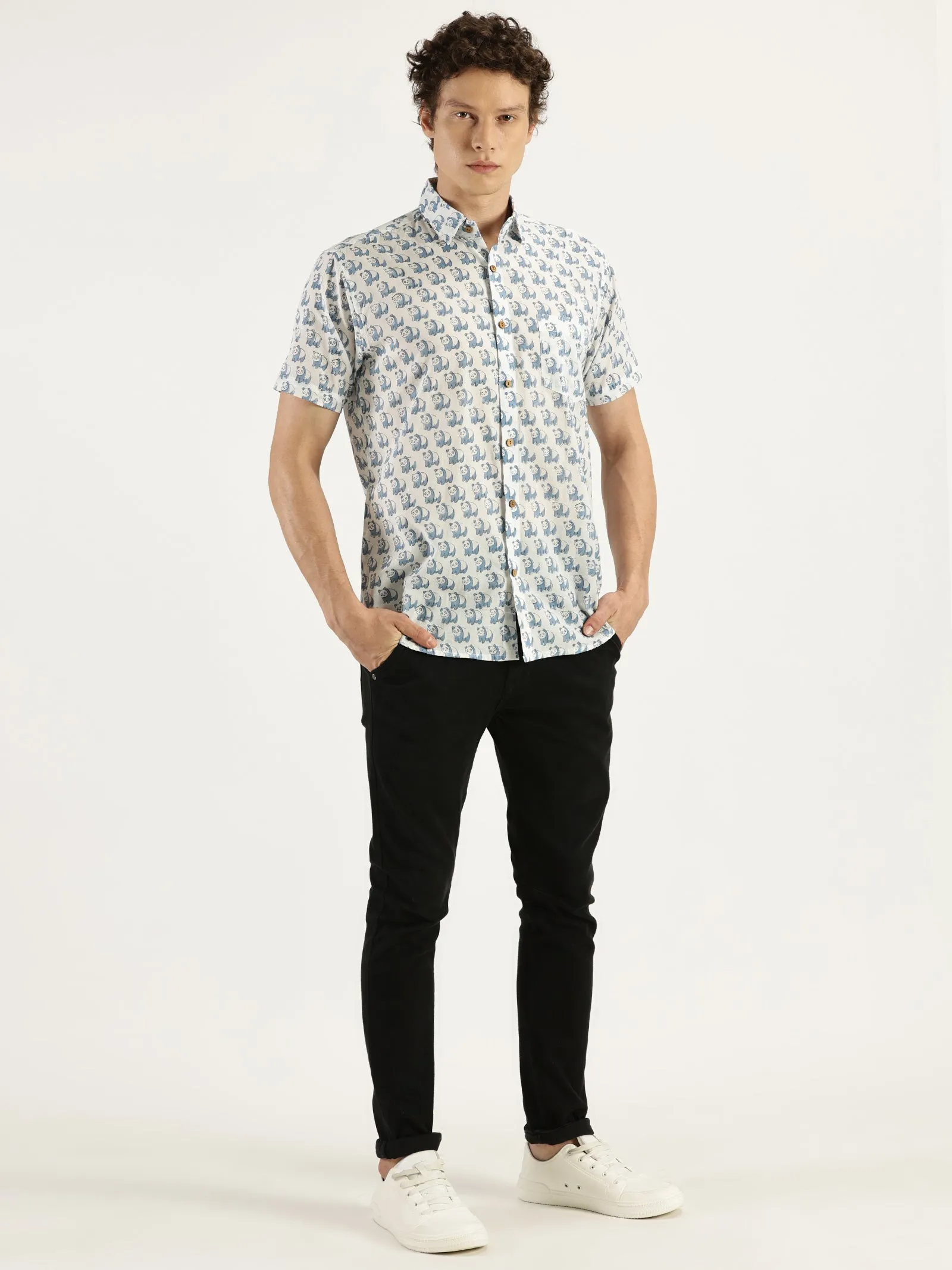 Blue Panda Block Printed Halfsleeves Cotton Shirt