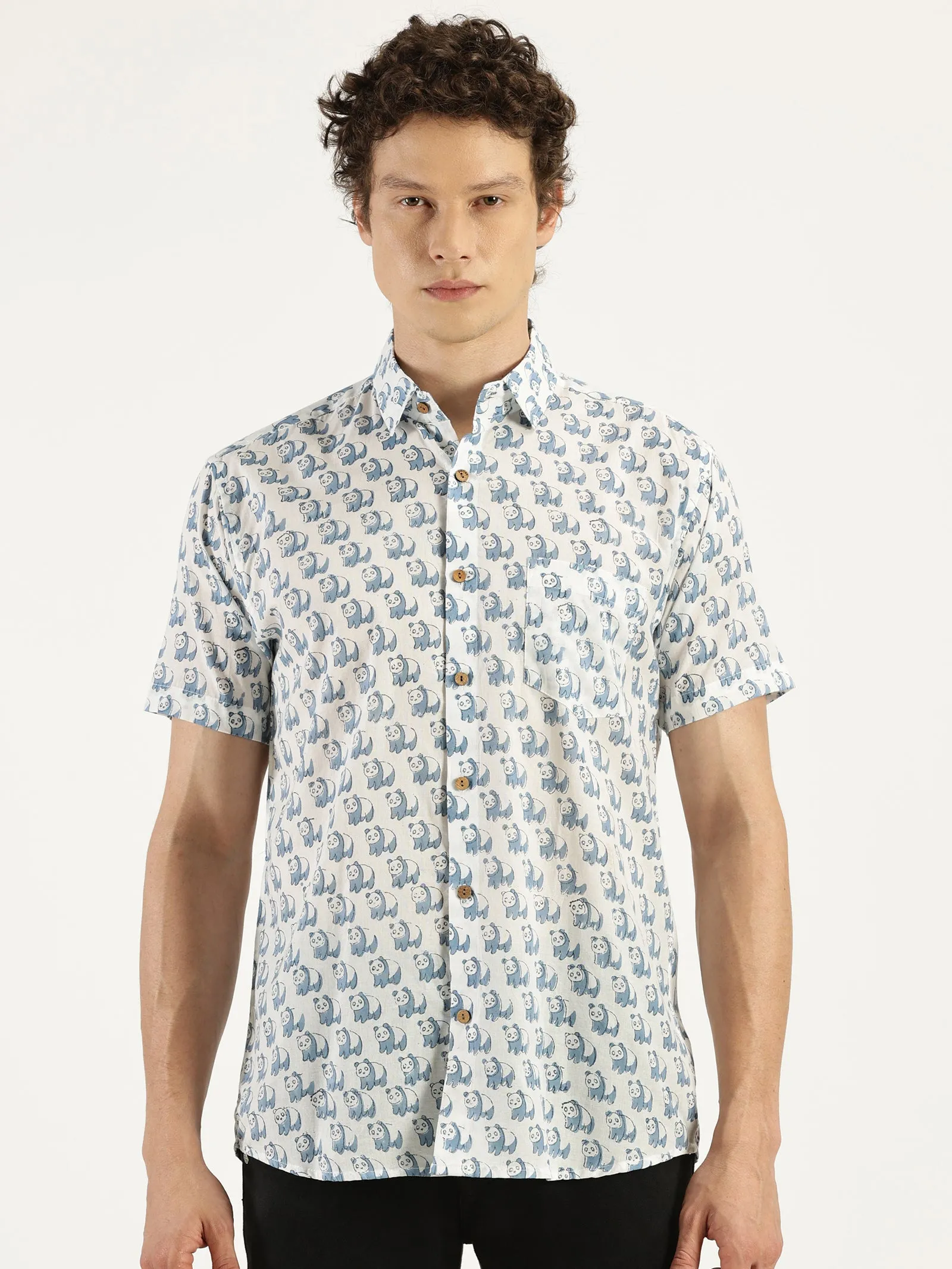 Blue Panda Block Printed Halfsleeves Cotton Shirt