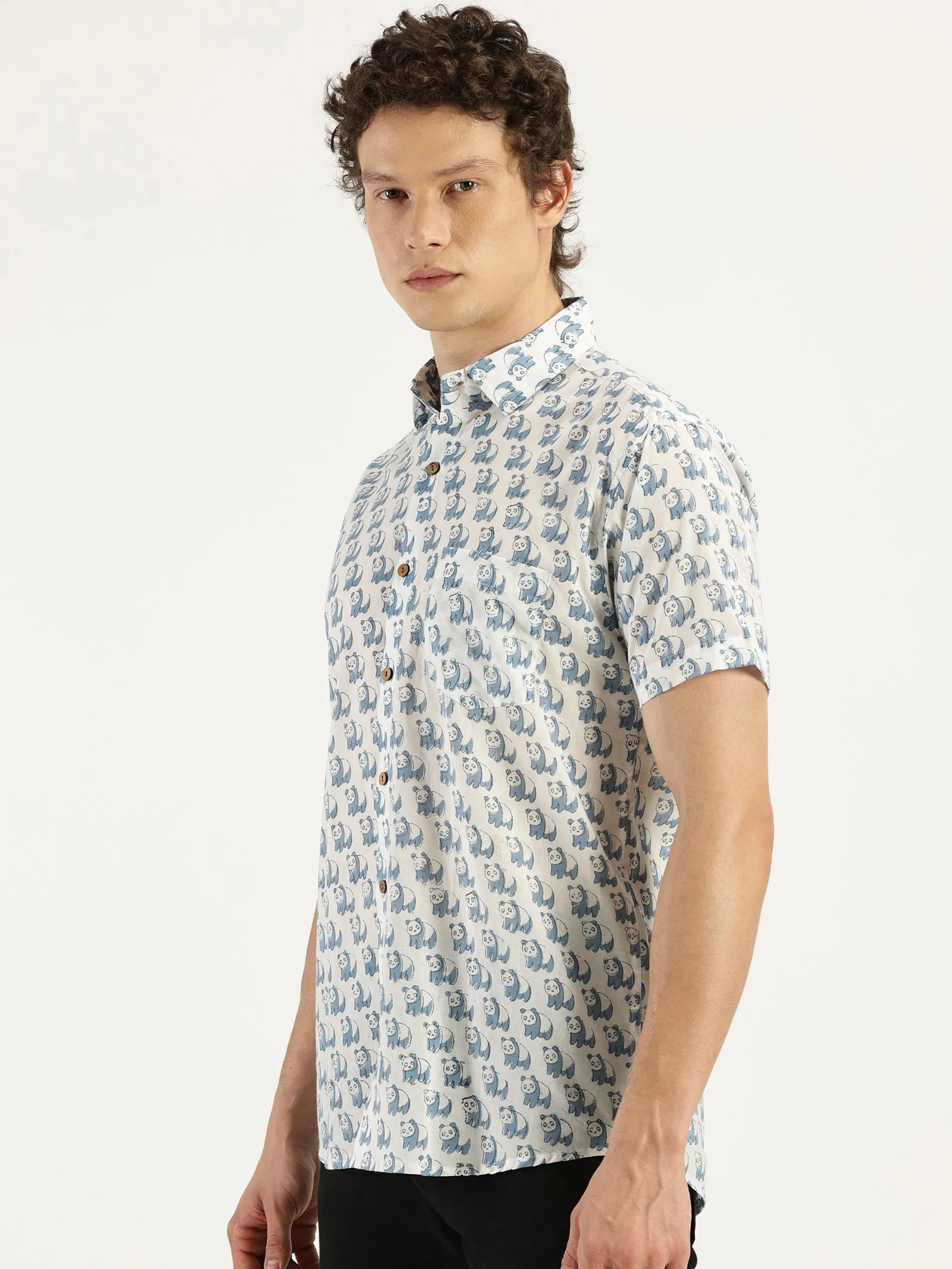 Blue Panda Block Printed Halfsleeves Cotton Shirt