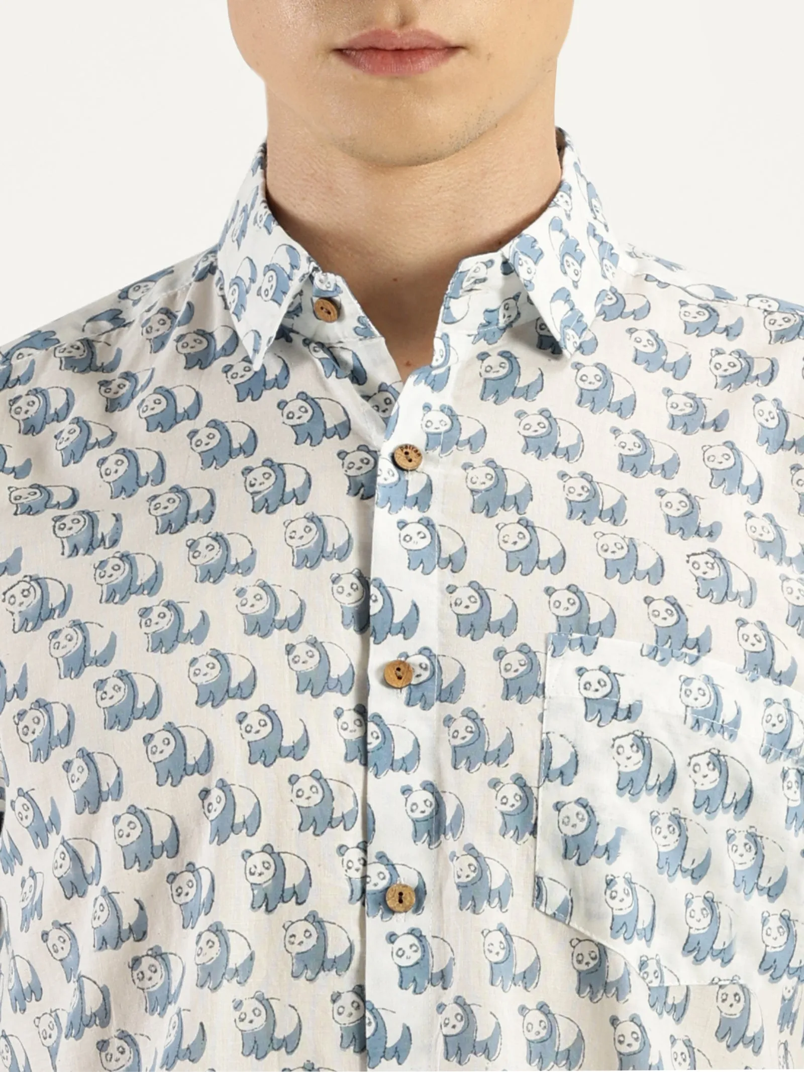 Blue Panda Block Printed Halfsleeves Cotton Shirt