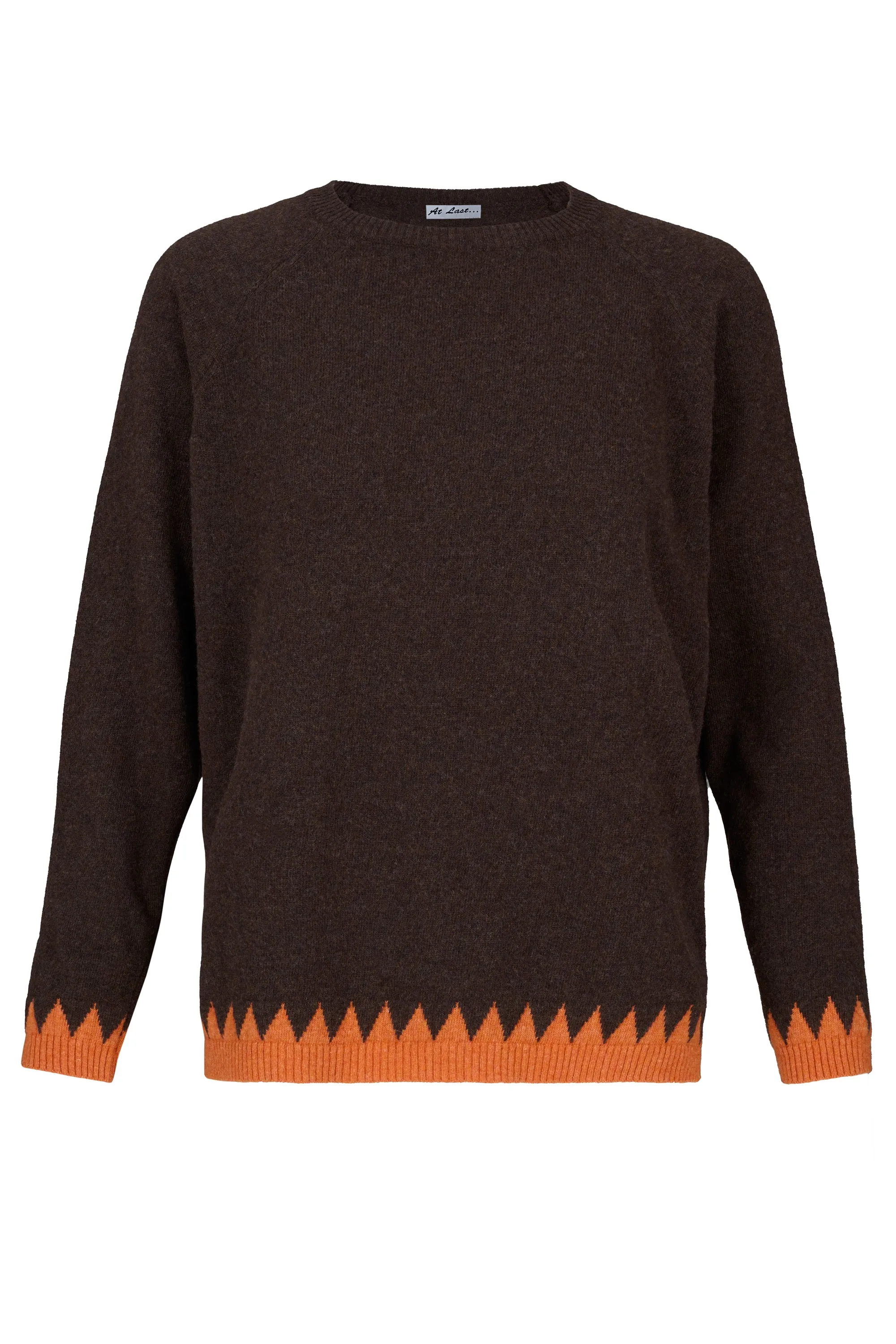 Cashmere Mix Sweater in Brown with Orange Zig Zag Hem & Cuffs