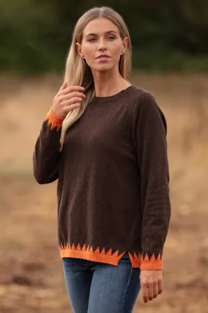 Cashmere Mix Sweater in Brown with Orange Zig Zag Hem & Cuffs