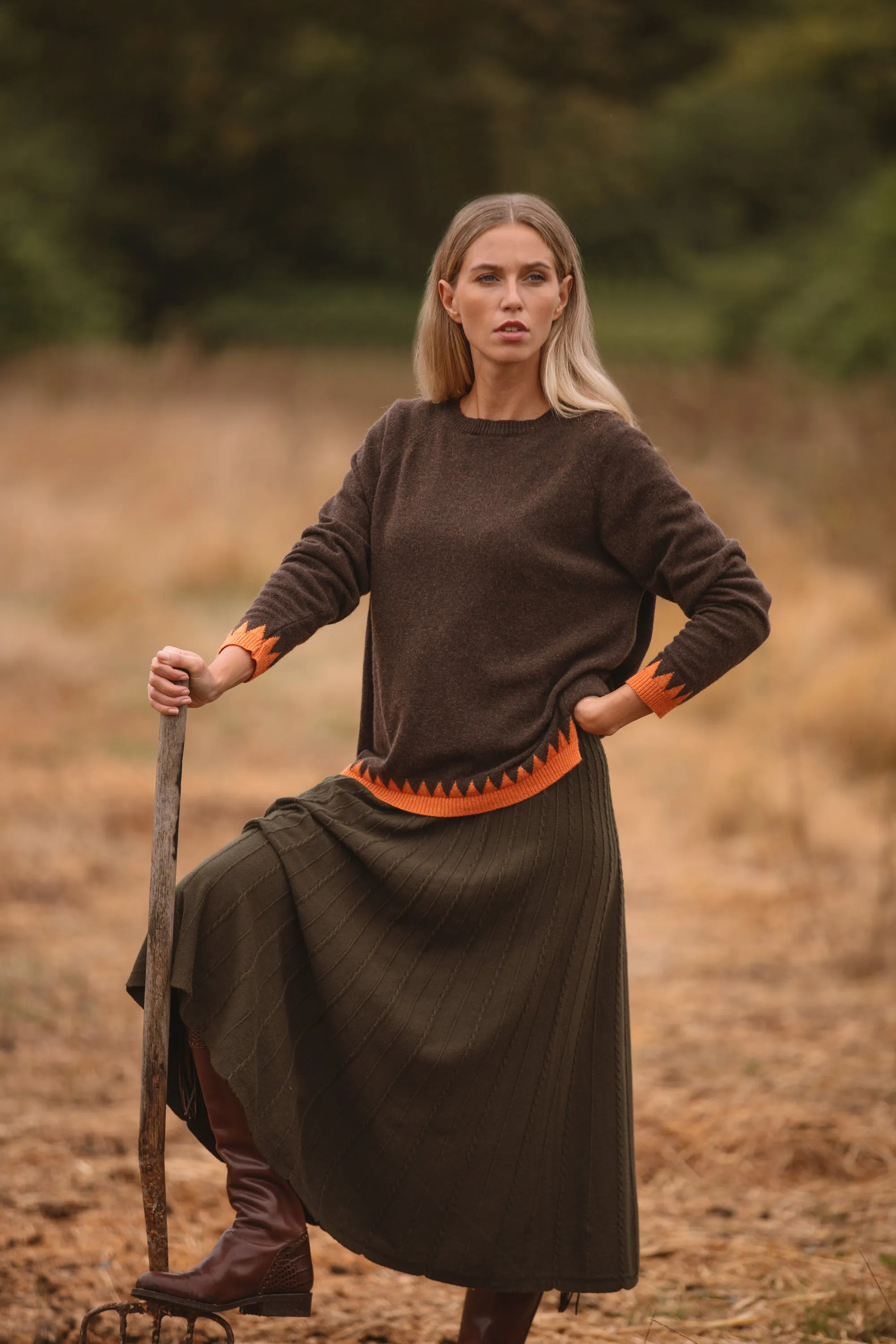 Cashmere Mix Sweater in Brown with Orange Zig Zag Hem & Cuffs