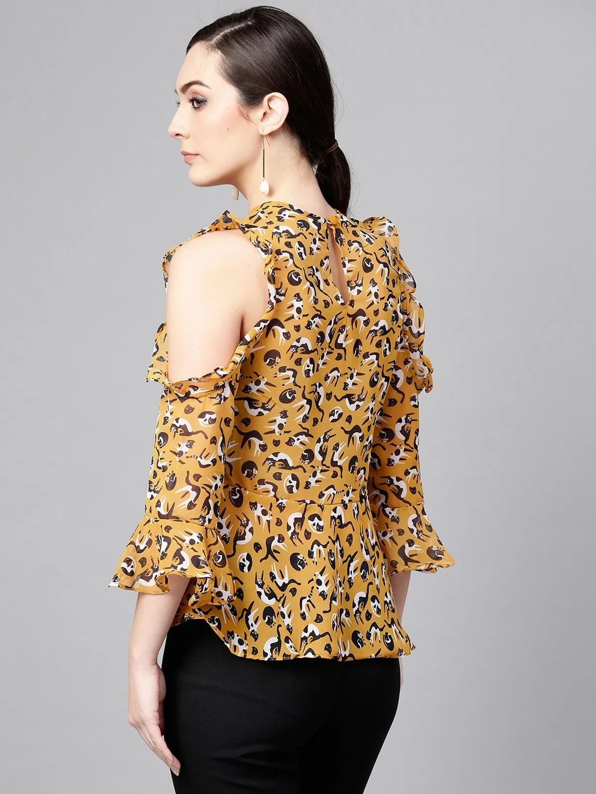 Cat Print Ruffled Top