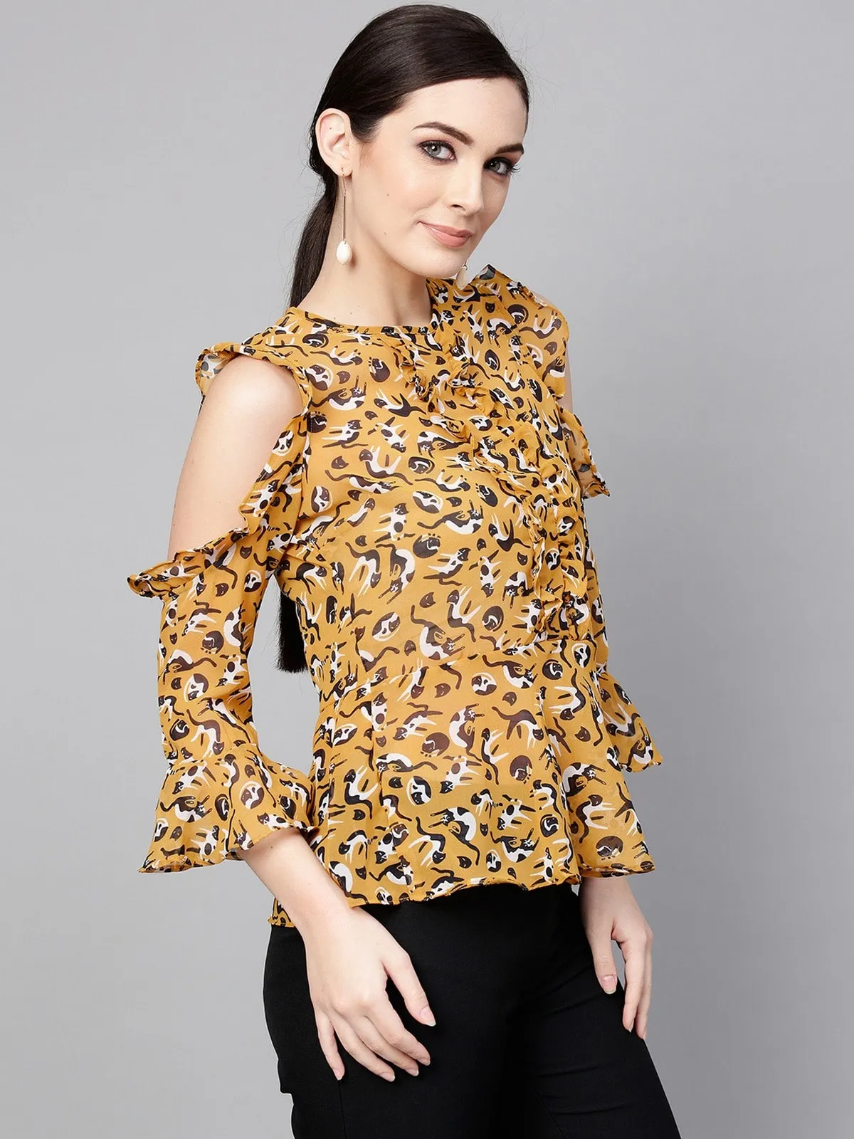 Cat Print Ruffled Top