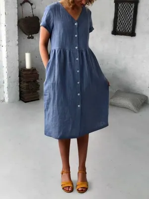 Cotton and Linen Casual Button Dress