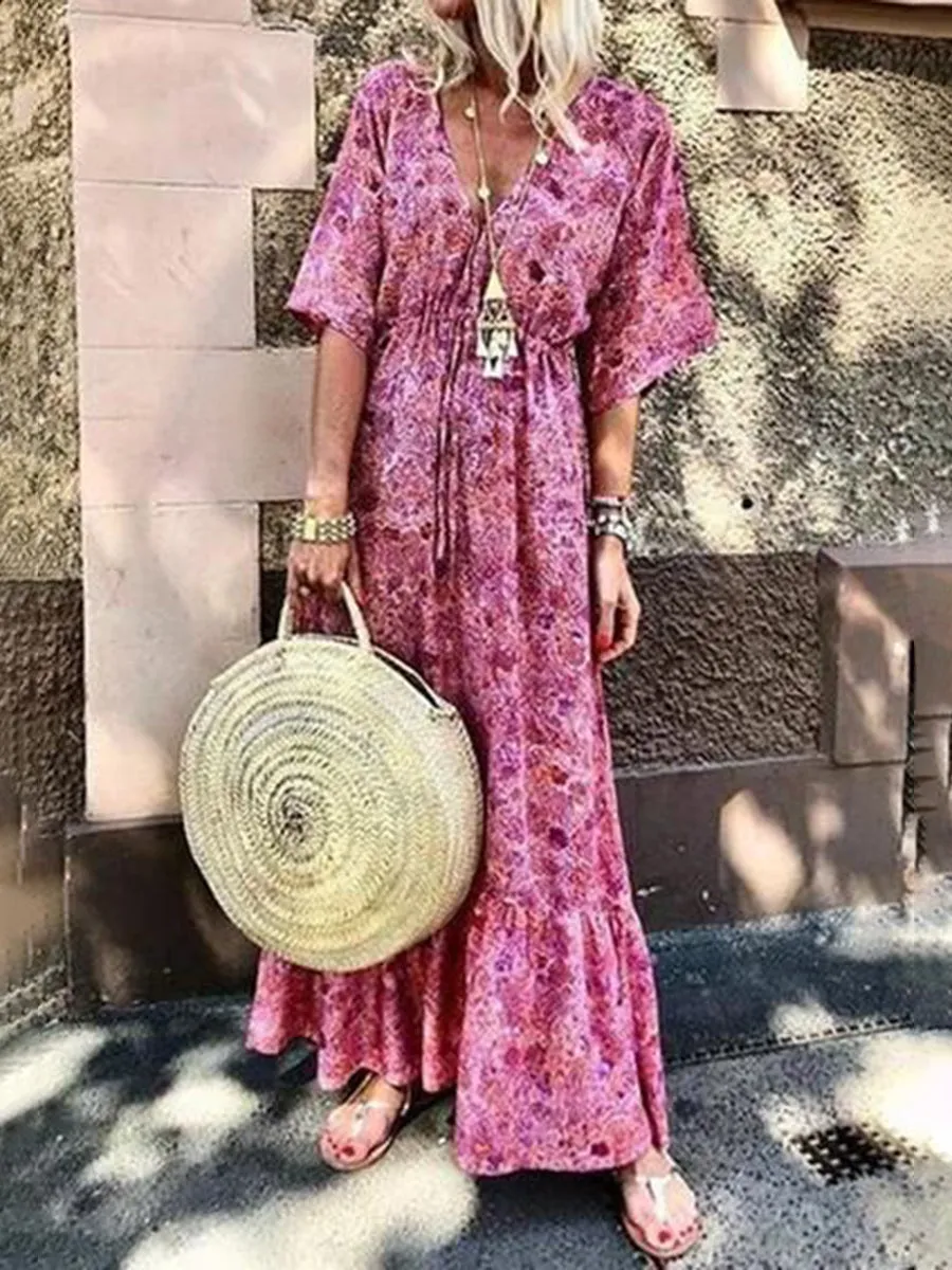 Fashionable Bohemian Printed V-neck Dress