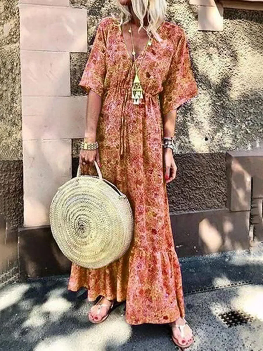 Fashionable Bohemian Printed V-neck Dress