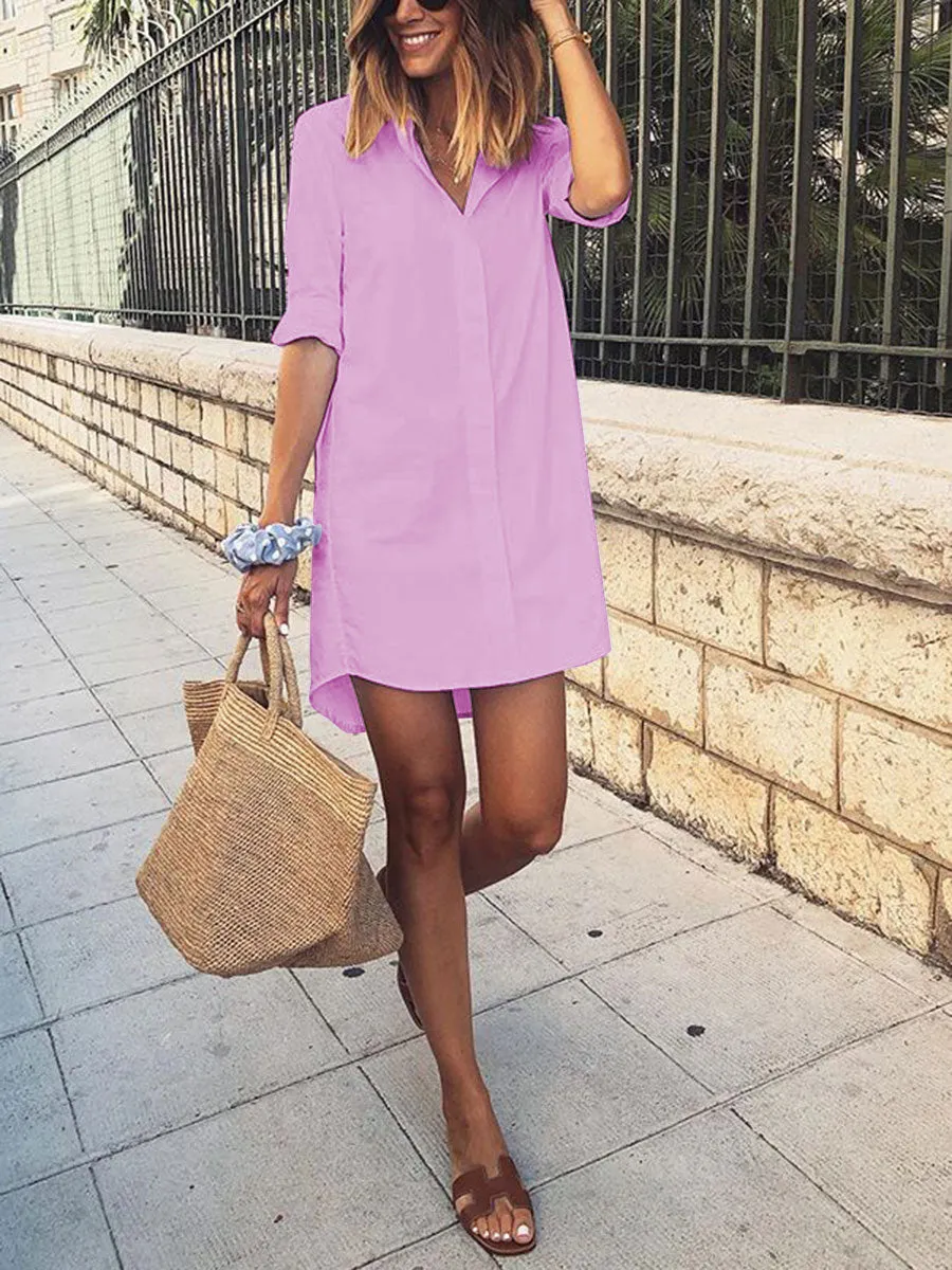 Fashionable Solid Color Shirt Short Sleeve Casual Dress