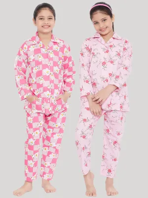 Girl's Pink & Pink Printed Rayon Nightsuit (Pack of 2) - NOZ2TOZ KIDS