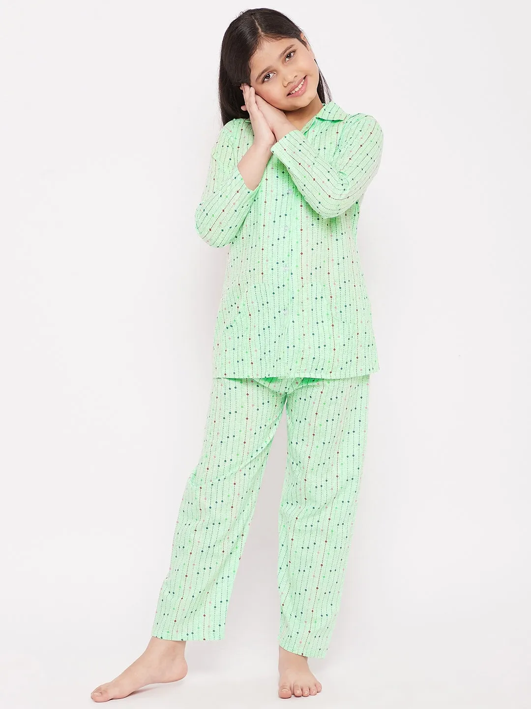 Girl's Sea Green Printed Cotton Nightsuit  - NOZ2TOZ KIDS