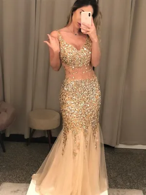 Gorgeous V Neck Mermaid Golden Long Prom with Rhinestones, Mermadi Golden Formal, Golden Evening