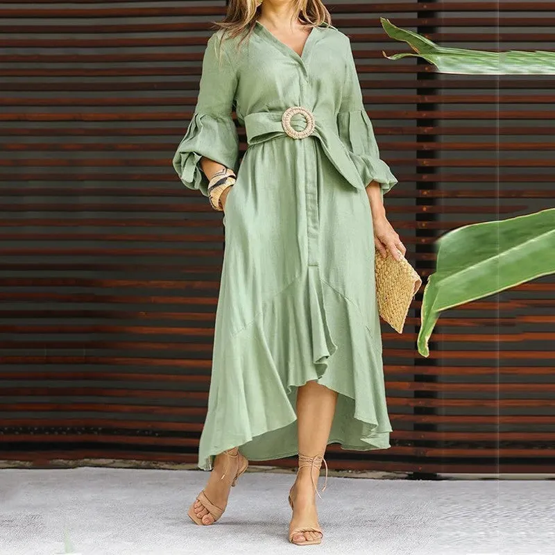 Green dress dress fashion casual Vneck lapel long dress