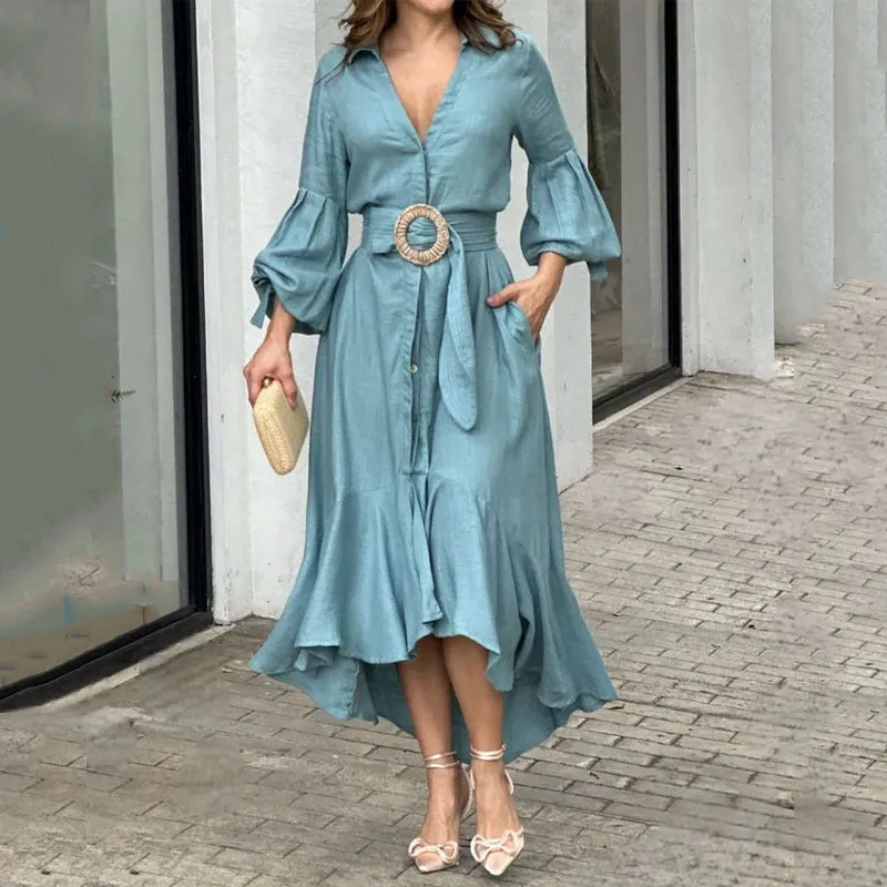 Green dress dress fashion casual Vneck lapel long dress