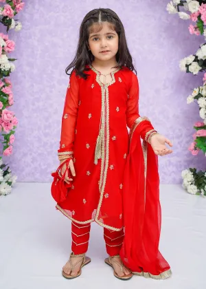 Kids Red Embroidered Chiffon Suit