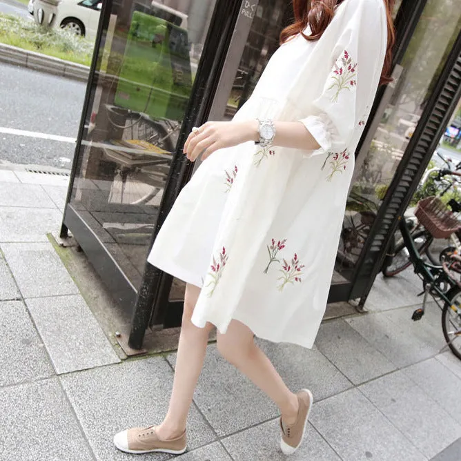 Korean Cotton And Linen Embroidery Maternity Dress And Nursing Clothes