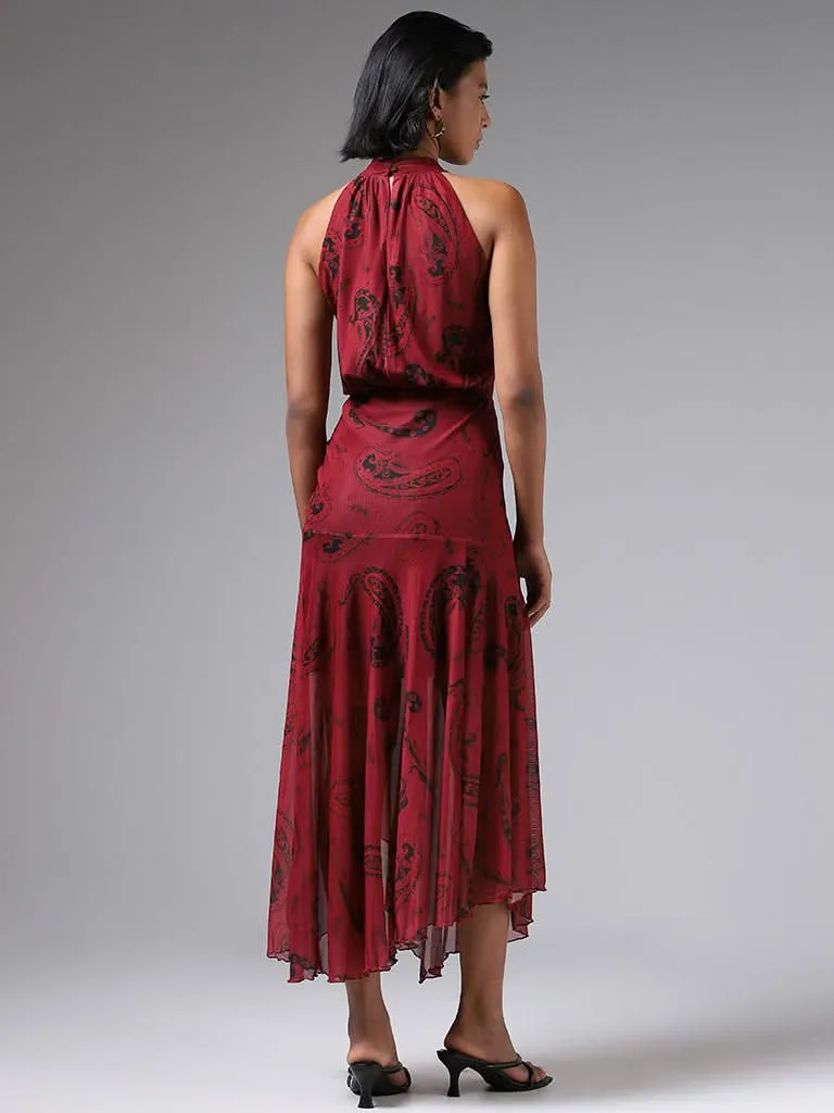 LOV Mango Paisley Printed Maroon Dress