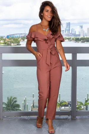 Maroon Jumpsuit with Ruffled Top