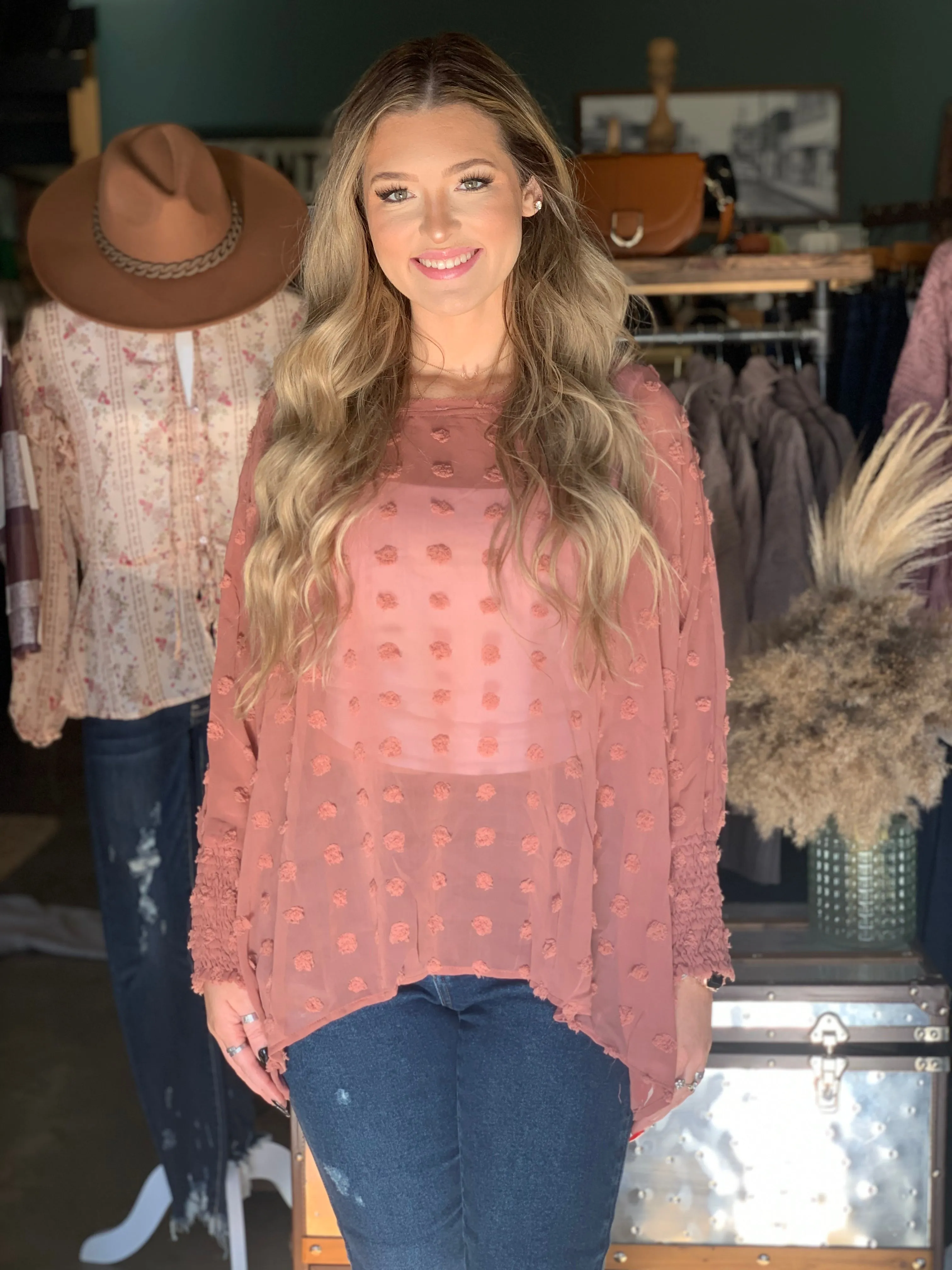 Mauve Textured polka dot smocked blouse