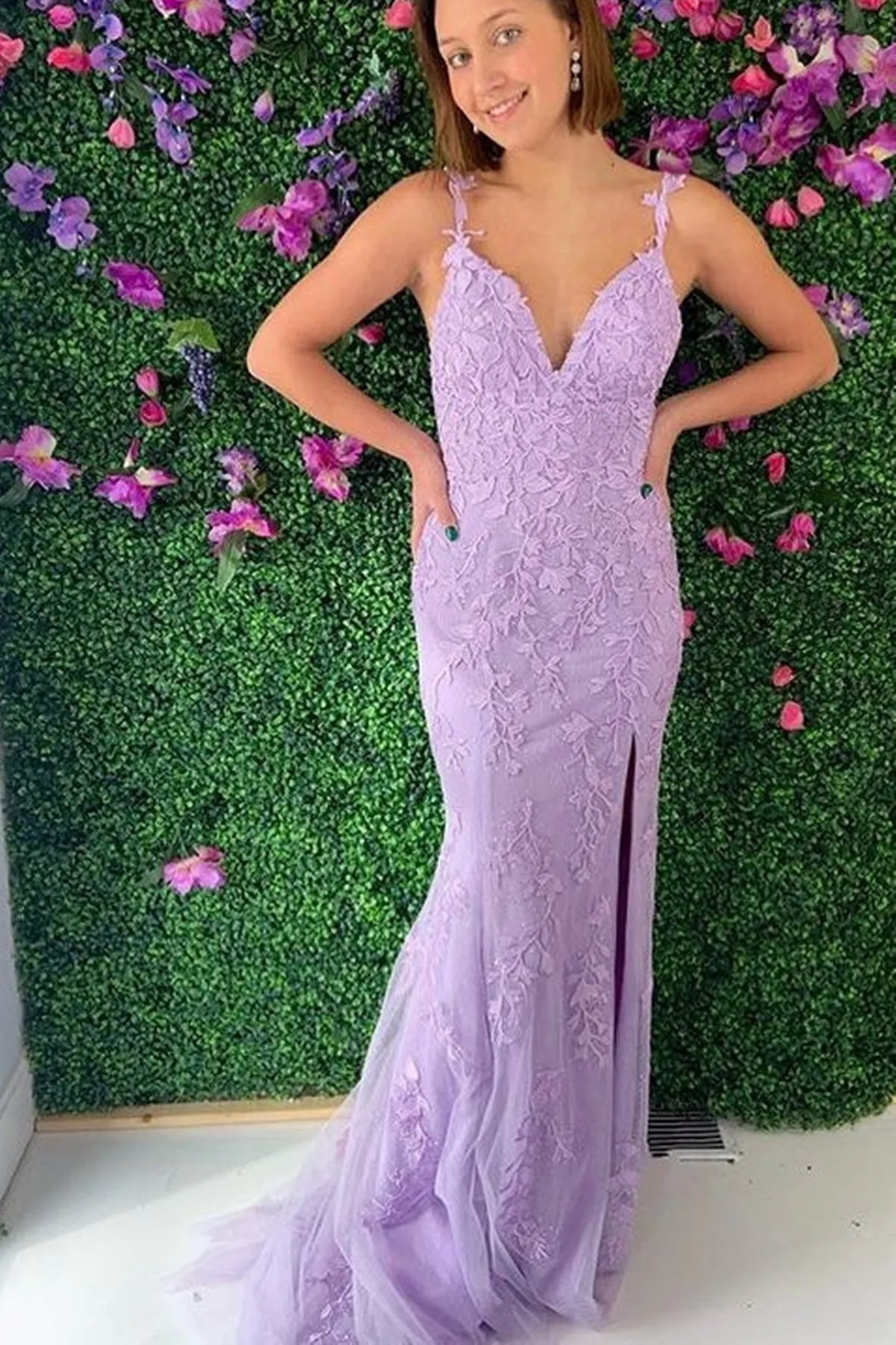 Mermaid Backless V Neck Purple Lace Long Prom Dress, Mermaid Purple Tulle Formal Dress, Purple Lace Evening Dress A1500