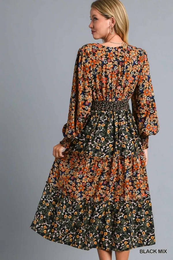 Mixed Floral Print Midi Dress